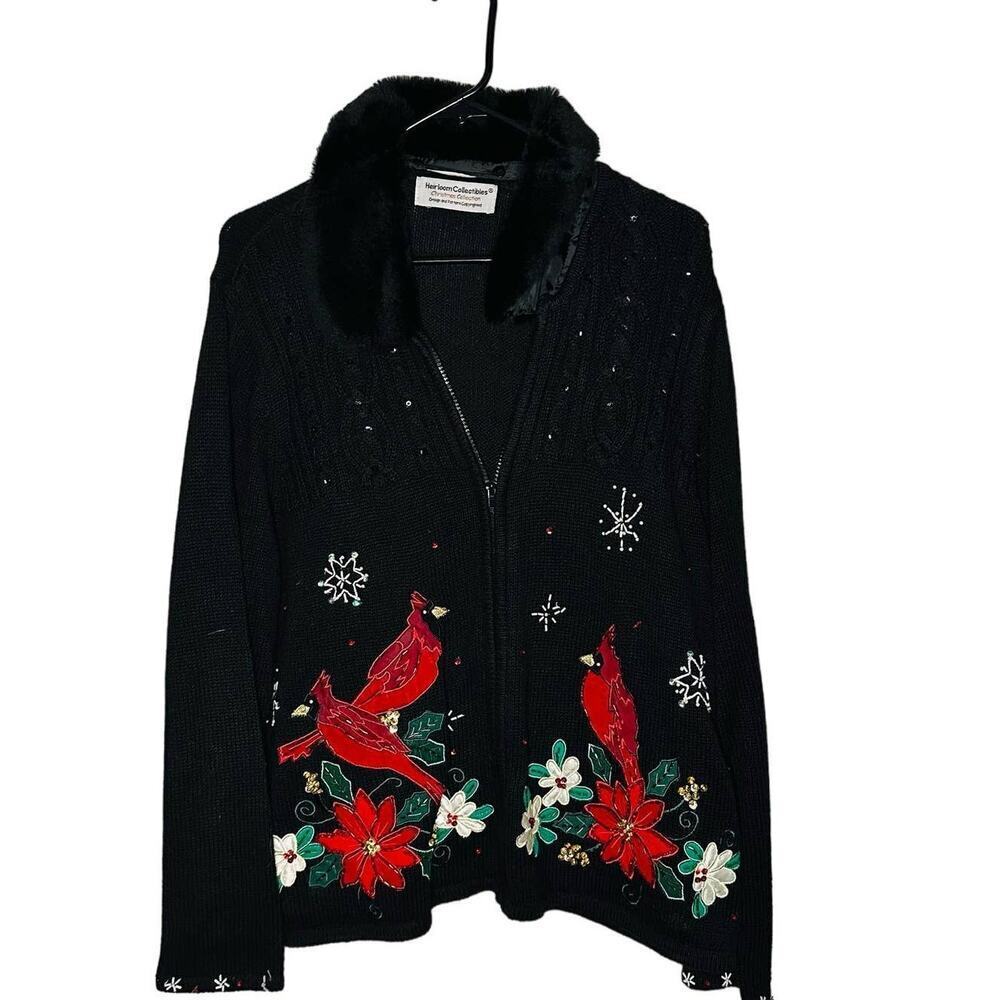 Heirloom Collectibles Zip Up Faux Fur Detachable Collar Cardinals Sweater Size L